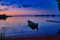 Sunset reflection on Lake Seliger with a boat Royalty Free Stock Photo